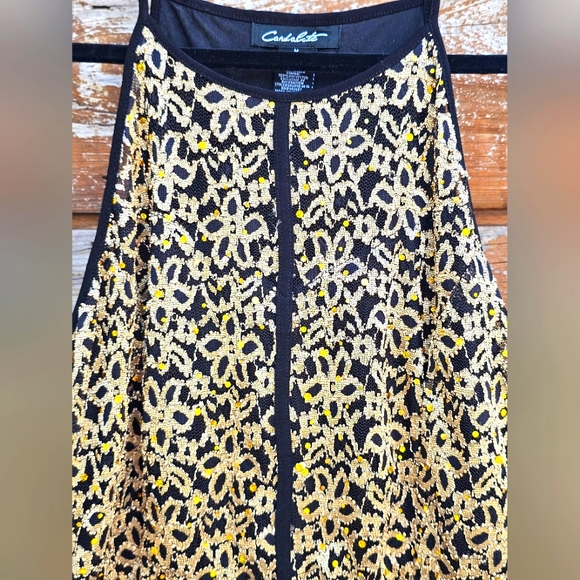 Candalite Long Maxi Halter Formal Dress Gold Lace & Gems Ruffle Black Bottom - Picture 5 of 11